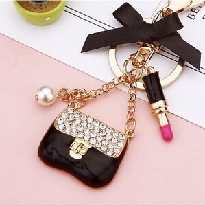 Chic Black & Gold Keychain/Purse Charm with Lipstick Charm